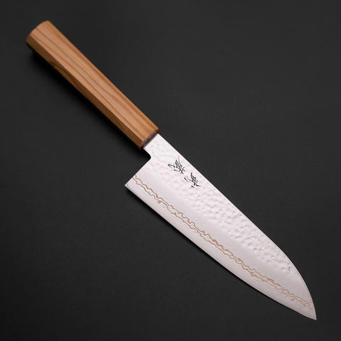 Santoku SLD Nickel Tsuchime Kolorierter Damast Olivenholz Griff 170mm Limited Edition-[Musashi]-[Japan-Küchenmesser]