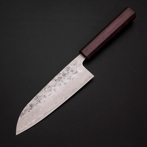 Santoku Schweden-Stahl Nashiji Washi Damast Lila Urushi Griff 165mm-[Musashi]-[Japan-Küchenmesser]