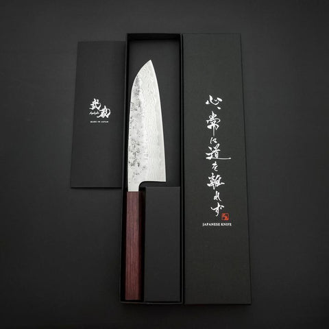 Santoku Schweden-Stahl Nashiji Washi Damast Lila Urushi Griff 165mm-[Musashi]-[Japan-Küchenmesser]