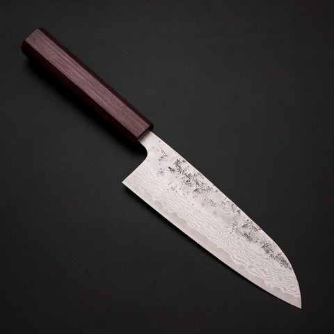Santoku Schweden-Stahl Nashiji Washi Damast Lila Urushi Griff 165mm-[Musashi]-[Japan-Küchenmesser]