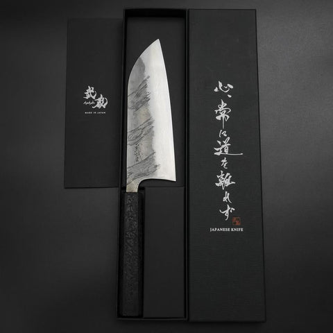 Santoku Silver Steel #3 Nashiji Damast Schwarzer Ishime Urushi Griff 165mm-[Musashi]-[Japan-Küchenmesser]