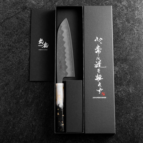 Santoku Silver Steel #3 Nashiji Ocean White Black Gold Handle 165mm (6.5”)-[Musashi]-[Japan-Küchenmesser]