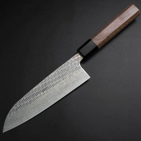 Santoku Silver Steel #3 Nawame Damast Büffelhorn und Walnussholz Griff 165mm-[Musashi]-[Japan-Küchenmesser]