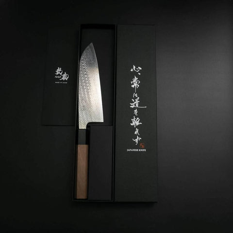 Santoku Silver Steel #3 Nawame Damast Büffelhorn und Walnussholz Griff 165mm-[Musashi]-[Japan-Küchenmesser]