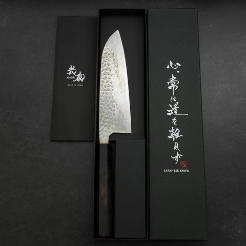 Santoku Silver Steel #3 Tsuchime Damast Büffelhorn und Ebenholz Griff 170mm-[Musashi]-[Japan-Küchenmesser]