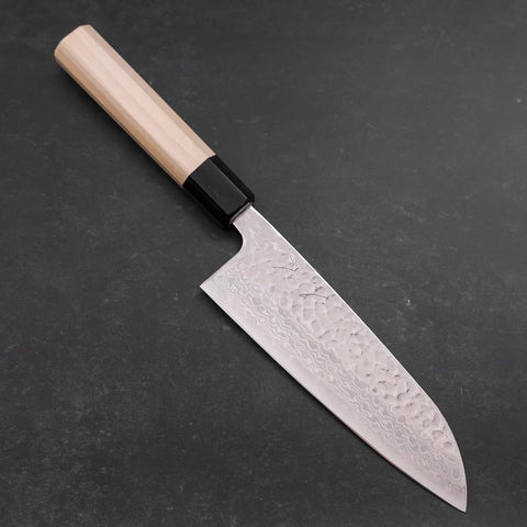 Santoku Silver Steel #3 Tsuchime Damast Büffelhorn und Magnolie Griff 170mm-[Musashi]-[Japan-Küchenmesser]