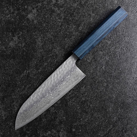 Santoku Silver Steel #3 Tsuchime Damast Dunkelblauer Urushi Griff 170mm-[Musashi]-[Japan-Küchenmesser]