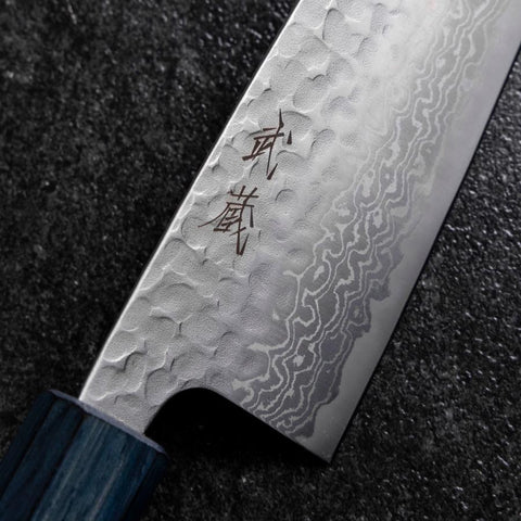 Santoku Silver Steel #3 Tsuchime Damast Dunkelblauer Urushi Griff 170mm-[Musashi]-[Japan-Küchenmesser]