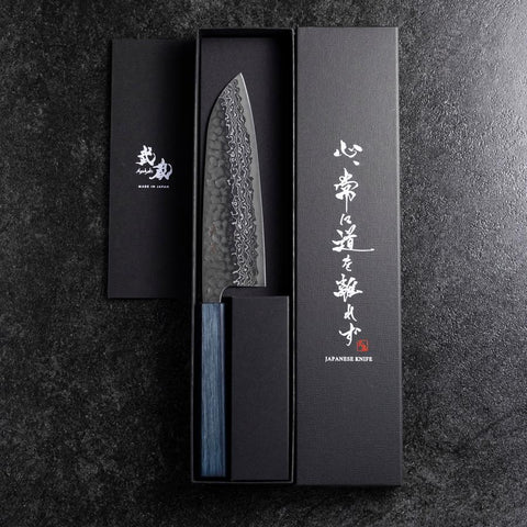Santoku Silver Steel #3 Tsuchime Damast Dunkelblauer Urushi Griff 170mm-[Musashi]-[Japan-Küchenmesser]