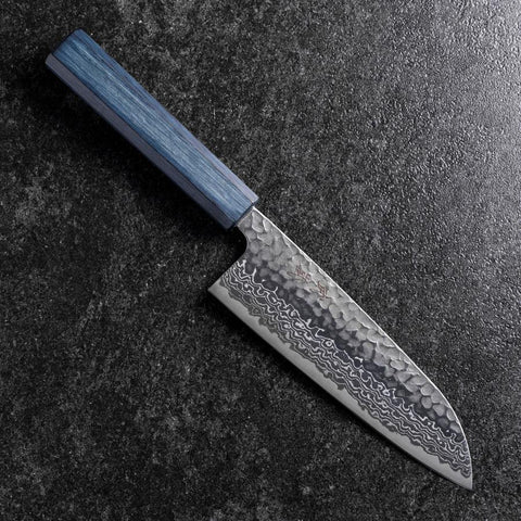 Santoku Silver Steel #3 Tsuchime Damast Dunkelblauer Urushi Griff 170mm-[Musashi]-[Japan-Küchenmesser]