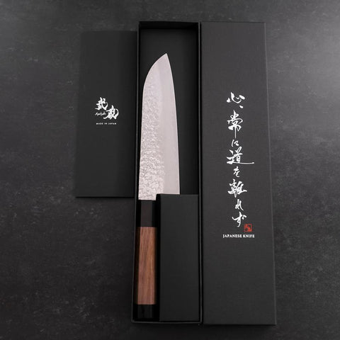 Santoku Silver Steel #3 Tsuchime Damast Walnuss Griff 170mm-[Musashi]-[Japan-Küchenmesser]
