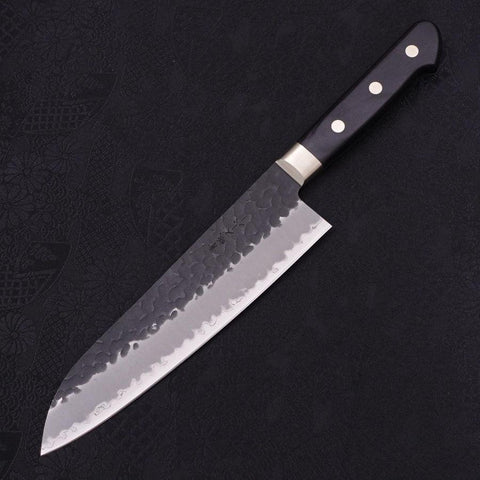Santoku Stainless Clad Blue Super Kurouchi Tsuchime Western Handle Black 185mm (7”)-[Musashi]-[Japan-Küchenmesser]