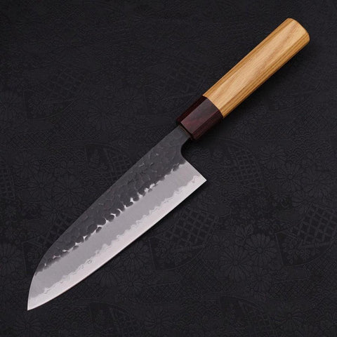 Santoku Stainless Clad Blue Super Kurouchi Tsuchime Zelkova Handle 170mm (6.7”)-[Musashi]-[Japan-Küchenmesser]