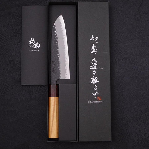 Santoku Stainless Clad Blue Super Kurouchi Tsuchime Zelkova Handle 170mm (6.7”)-[Musashi]-[Japan-Küchenmesser]