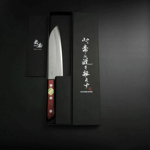 Santoku Stainless Clad Blue Super Polished Western Black Red Handle 165mm (Tsuba-nashi) (6.5”)-[Musashi]-[Japan-Küchenmesser]