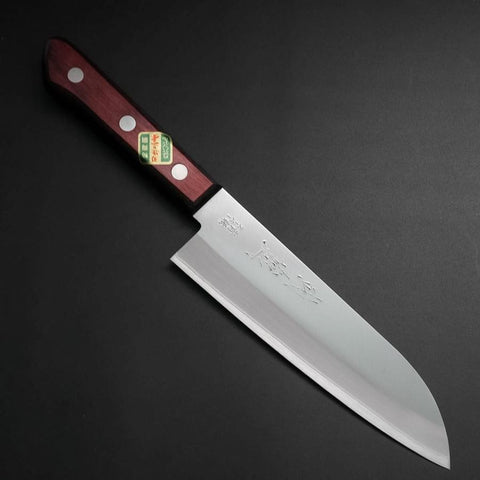 Santoku Stainless Clad Blue Super Polished Western Black Red Handle 165mm (Tsuba-nashi) (6.5”)-[Musashi]-[Japan-Küchenmesser]