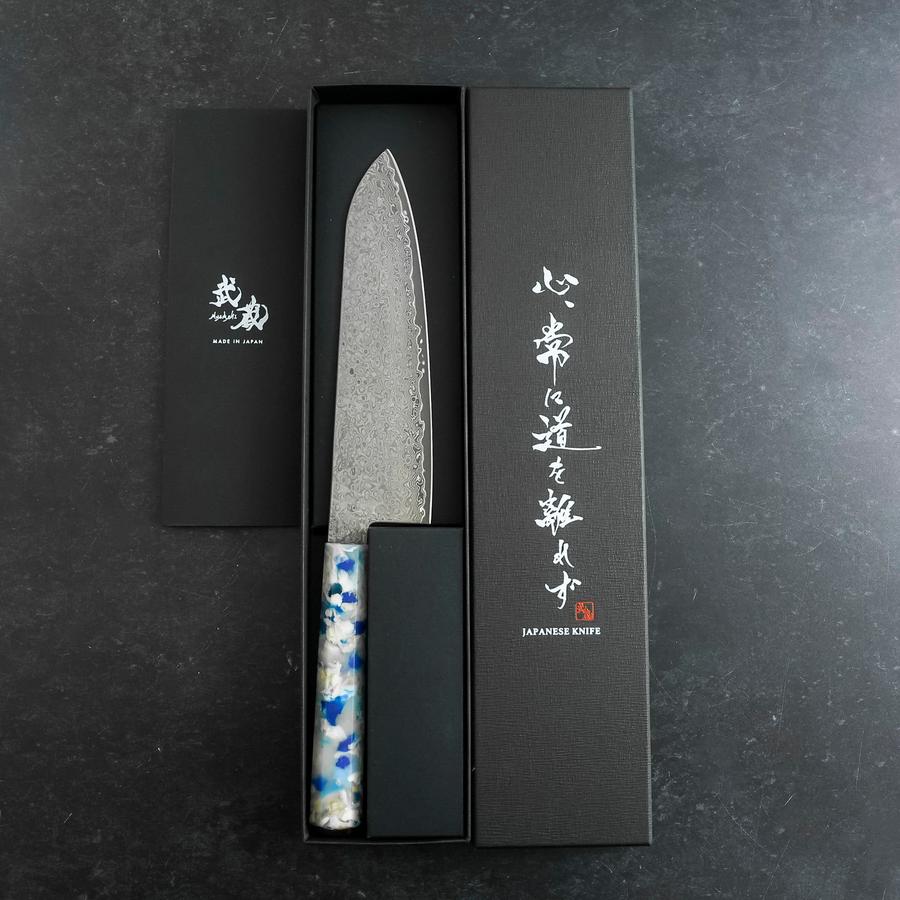 Santoku VG-10 Damast Blau-Weißer-Mix Ozeanplastik Griff 165mm-[Musashi]-[Japan-Küchenmesser]