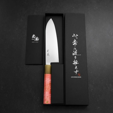 Santoku VG-10 Damast Büffelhorn und Ahorn Griff in Dunklem Rosa 180mm-[Musashi]-[Japan-Küchenmesser]