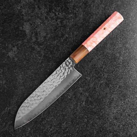 Santoku VG-10 Mirror Tsuchime Damascus Buffalo Dark Pink Maple Handle 170mm (6.7”)-[Musashi]-[Japan-Küchenmesser]