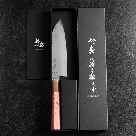 Santoku VG-10 Mirror Tsuchime Damascus Buffalo Dark Pink Maple Handle 170mm (6.7”)-[Musashi]-[Japan-Küchenmesser]