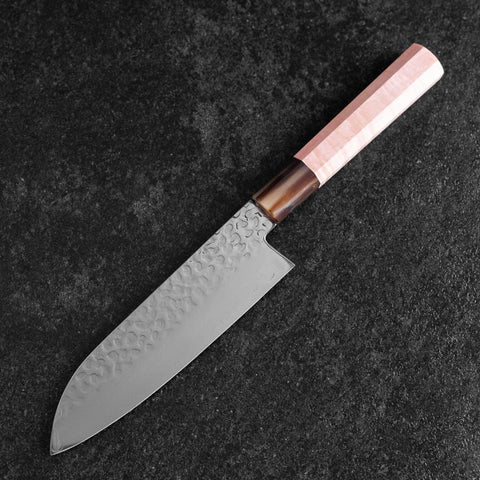 Santoku VG-10 Mirror Tsuchime Damascus Buffalo Light Pink Maple Handle 170mm (6.7”)-[Musashi]-[Japan-Küchenmesser]