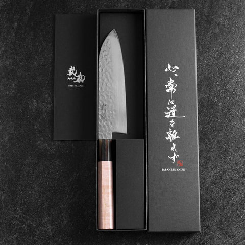 Santoku VG-10 Mirror Tsuchime Damascus Buffalo Light Pink Maple Handle 170mm (6.7”)-[Musashi]-[Japan-Küchenmesser]