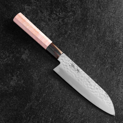 Santoku VG-10 Mirror Tsuchime Damascus Buffalo Light Pink Maple Handle 170mm (6.7”)-[Musashi]-[Japan-Küchenmesser]