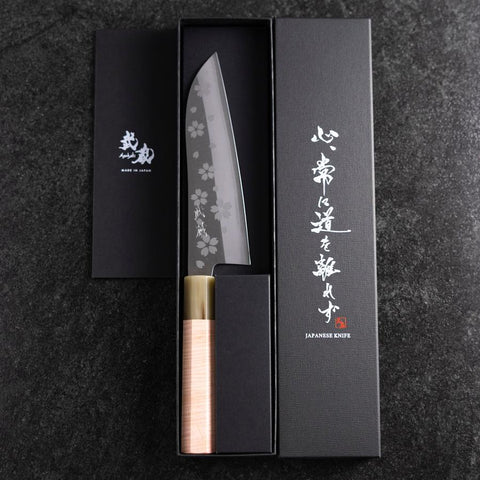 Santoku VG-10 Poliert Sakura Hell-Rosa Büffelhorn und Ahornholz Griff 175mm-[Musashi]-[Japan-Küchenmesser]