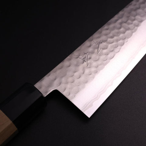 Santoku VG-10 Tsuchime Damast Büffelhorn und Magnolienholz Griff 165mm-[Musashi]-[Japan-Küchenmesser]