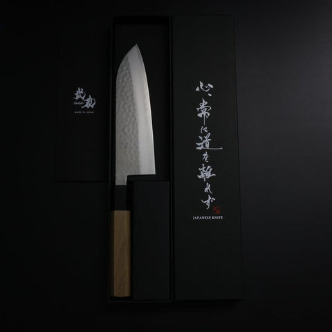 Santoku VG-10 Tsuchime Damast Büffelhorn und Magnolienholz Griff 165mm-[Musashi]-[Japan-Küchenmesser]