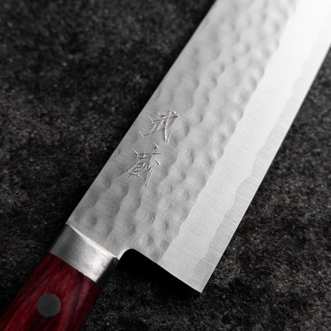 Santoku VG-10 Tsuchime Damast Roter Westlicher Griff 170mm-[Musashi]-[Japan-Küchenmesser]