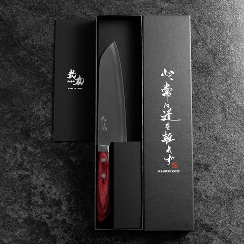 Santoku VG-10 Tsuchime Damast Roter Westlicher Griff 170mm-[Musashi]-[Japan-Küchenmesser]