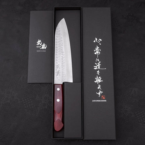 Santoku VG-10 Tsuchime Damast Roter Westlicher Griff 180mm-[Musashi]-[Japan-Küchenmesser]