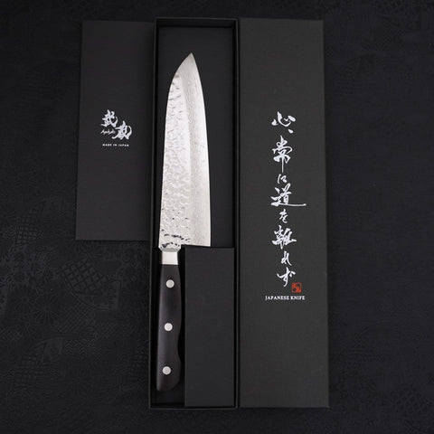 Santoku VG-10 Tsuchime Damast Schwarzer Westlicher Griff 180mm-[Musashi]-[Japan-Küchenmesser]