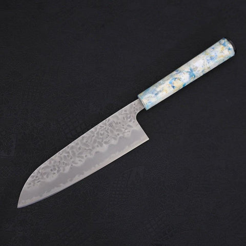 Santoku White Steel #1 Edelstahlummantelung Tsuchime Blau-Weißer-Mix Ozeanplastik Griff 165mm-[Musashi]-[Japan-Küchenmesser]