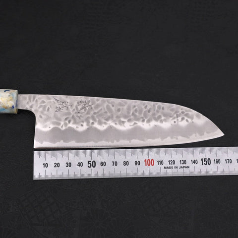 Santoku White Steel #1 Edelstahlummantelung Tsuchime Blau-Weißer-Mix Ozeanplastik Griff 165mm-[Musashi]-[Japan-Küchenmesser]