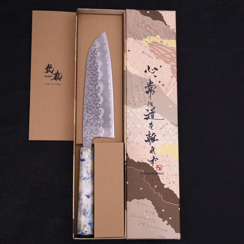 Santoku White Steel #1 Edelstahlummantelung Tsuchime Blau-Weißer-Mix Ozeanplastik Griff 165mm-[Musashi]-[Japan-Küchenmesser]