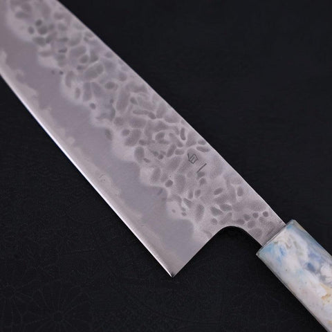 Santoku White Steel #1 Edelstahlummantelung, Tsuchime Ozeanplastik Griff Blau-Weiß "Mix", 165mm-[Musashi]-[Japan-Küchenmesser]