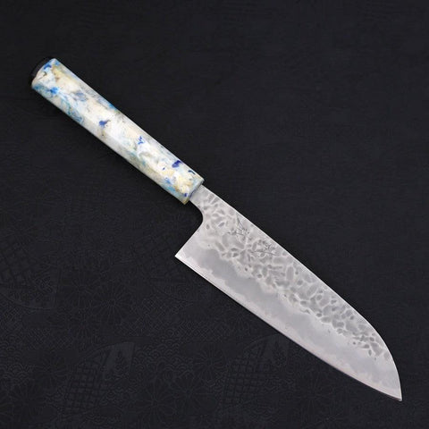 Santoku White Steel #1 Edelstahlummantelung, Tsuchime Ozeanplastik Griff Blau-Weiß "Mix", 165mm-[Musashi]-[Japan-Küchenmesser]