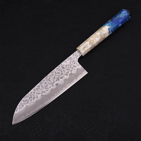 Santoku White Steel #1 Edelstahlummantelung Tsuchime Weiß-Blauer Ozeanplastik Griff 165mm-[Musashi]-[Japan-Küchenmesser]