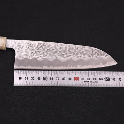 Santoku White Steel #1 Edelstahlummantelung Tsuchime Weiß-Blauer Ozeanplastik Griff 165mm-[Musashi]-[Japan-Küchenmesser]