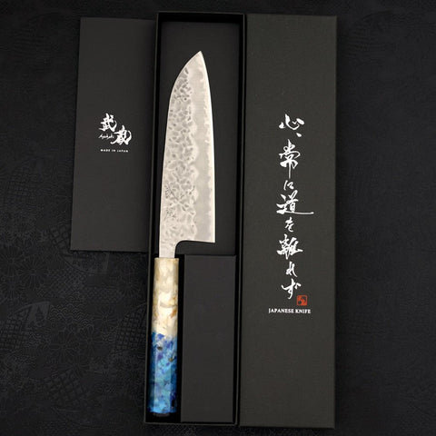 Santoku White Steel #1 Edelstahlummantelung Tsuchime Weiß-Blauer Ozeanplastik Griff 165mm-[Musashi]-[Japan-Küchenmesser]