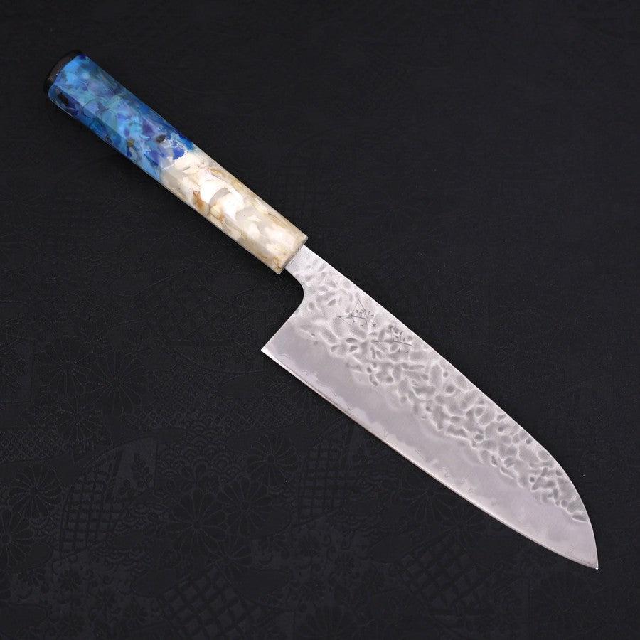 Santoku White Steel #1 Stainless Clad Tsuchime Ocean White Blue Handle 165mm (6.5”)-[Musashi]-[Japanese-Kitchen-Knives]
