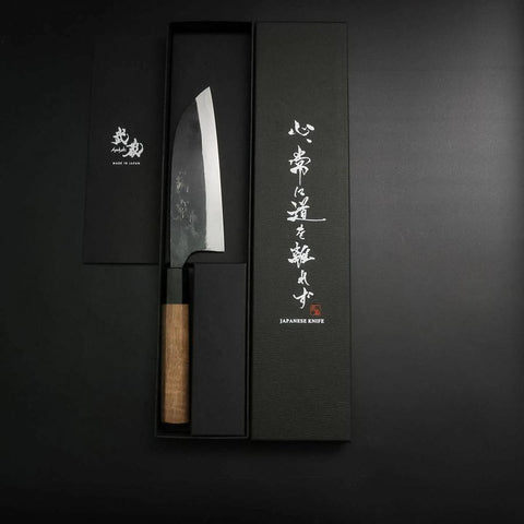 Santoku White Steel #1 Kurouchi Büffelhorn und Walnussholz Griff 165mm-[Musashi]-[Japan-Küchenmesser]