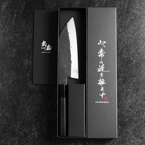 Santoku White Steel #1 Kurouchi Tsuchime Buffalo Ebony Handle 170mm (6.7”)-[Musashi]-[Japan-Küchenmesser]