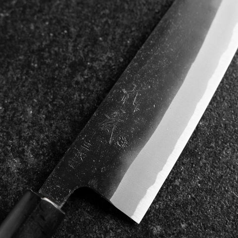 Santoku White Steel #2 Edelstahlummantelung Kurouchi Büffelhorn und Magnolienholz Griff (Kurigata) 170mm-[Musashi]-[Japan-Küchenmesser]