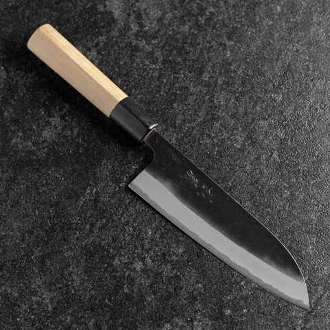 Santoku White Steel #2 Edelstahlummantelung Kurouchi Büffelhorn und Magnolienholz Griff (Kurigata) 170mm-[Musashi]-[Japan-Küchenmesser]