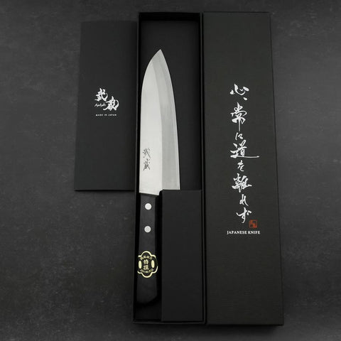 Santoku White Steel #2 Edelstahlummantelung Poliert Schwarzer Westlicher Griff 170mm-[Musashi]-[Japan-Küchenmesser]
