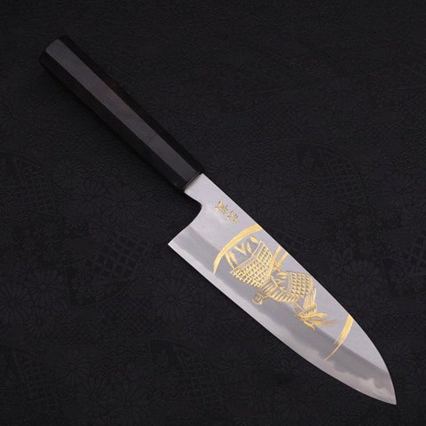 Santoku White Steel #2 Kasumi Chokin "Samurai Im Neumond" Büffelhorn und Ebenholz Griff 180mm-[Musashi]-[Japan-Küchenmesser]