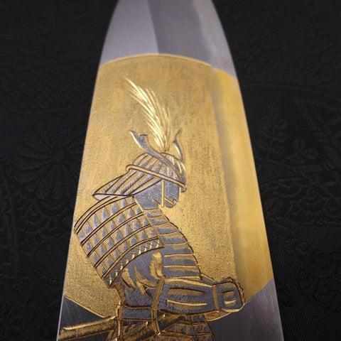 Santoku White Steel #2 Kasumi Chokin "Samurai Im Vollmond" Büffelhorn und Ebenholz Griff 180mm-[Musashi]-[Japan-Küchenmesser]